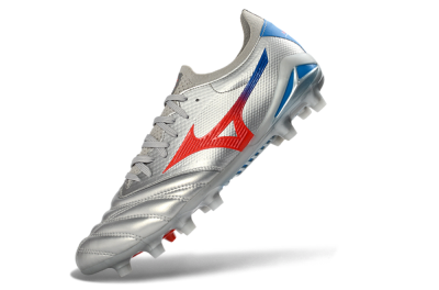 Mizuno Morelia Neo 4 FG Firm Ground Soccer Cleats - Silver/Vivid Red/Flashy Blue