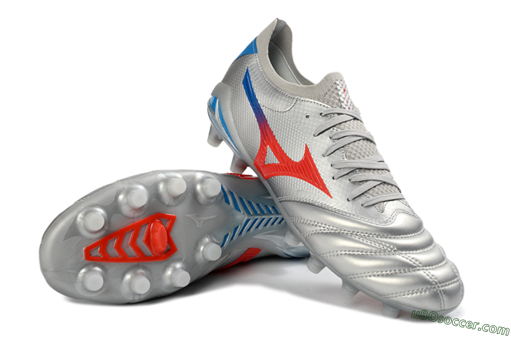 Mizuno Morelia Neo 4 FG Firm Ground Soccer Cleats - Silver/Vivid Red/Flashy Blue 3