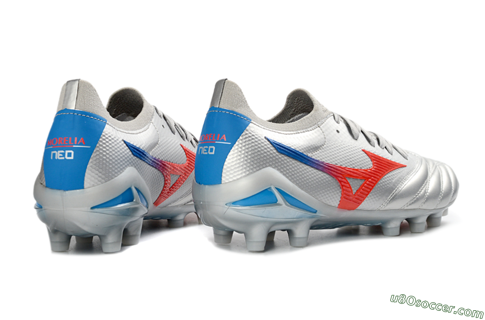 Mizuno Morelia Neo 4 FG Firm Ground Soccer Cleats - Silver/Vivid Red/Flashy Blue 6