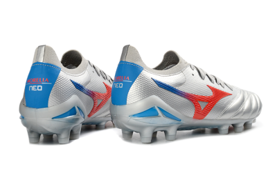 Mizuno Morelia Neo 4 FG Firm Ground Soccer Cleats - Silver/Vivid Red/Flashy Blue