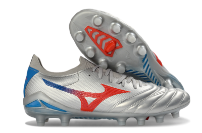 Mizuno Morelia Neo 4 FG Firm Ground Soccer Cleats - Silver/Vivid Red/Flashy Blue