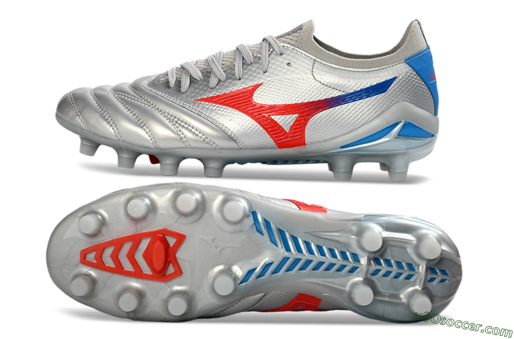 Mizuno Morelia Neo 4 FG Firm Ground Soccer Cleats - Silver/Vivid Red/Flashy Blue 0