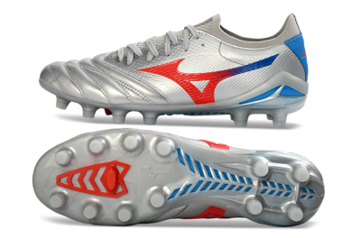 Mizuno Morelia Neo 4 FG Firm Ground Soccer Cleats - Silver/Vivid Red/Flashy Blue