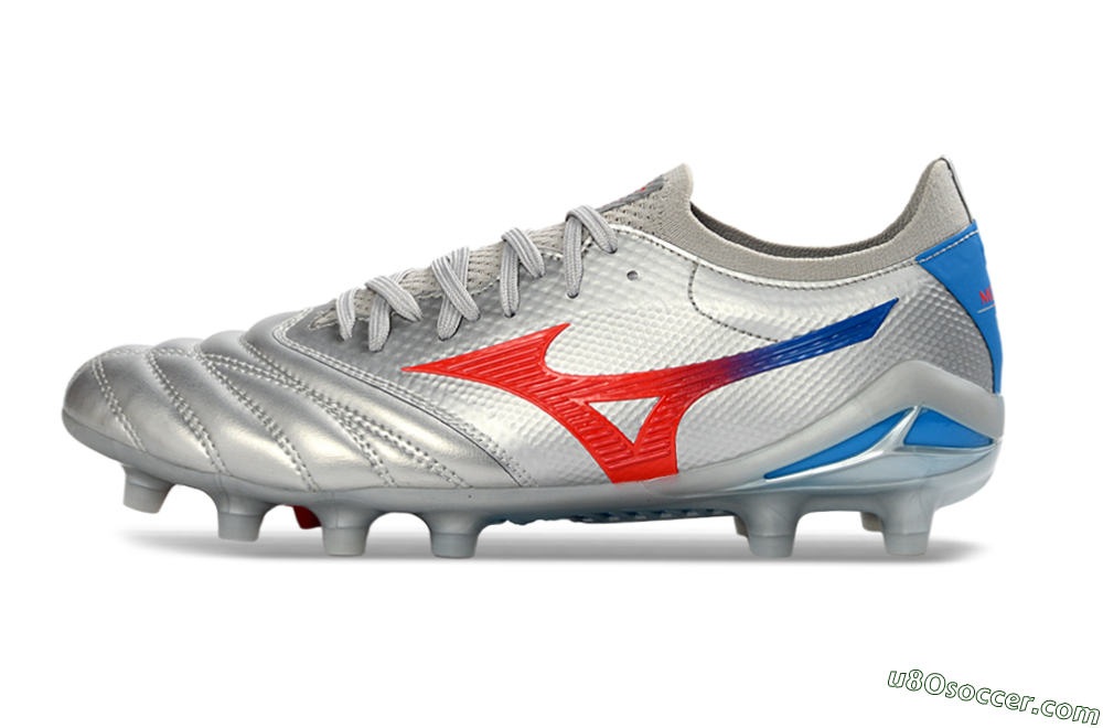 Mizuno Morelia Neo 4 FG Firm Ground Soccer Cleats - Silver/Vivid Red/Flashy Blue 2