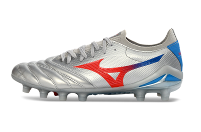 Mizuno Morelia Neo 4 FG Firm Ground Soccer Cleats - Silver/Vivid Red/Flashy Blue