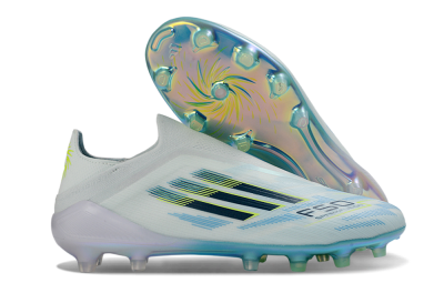 Adidas F50 Elite Laceless FG Firm Ground Soccer Cleats - White/Neon Yellow/Iridescent Blue