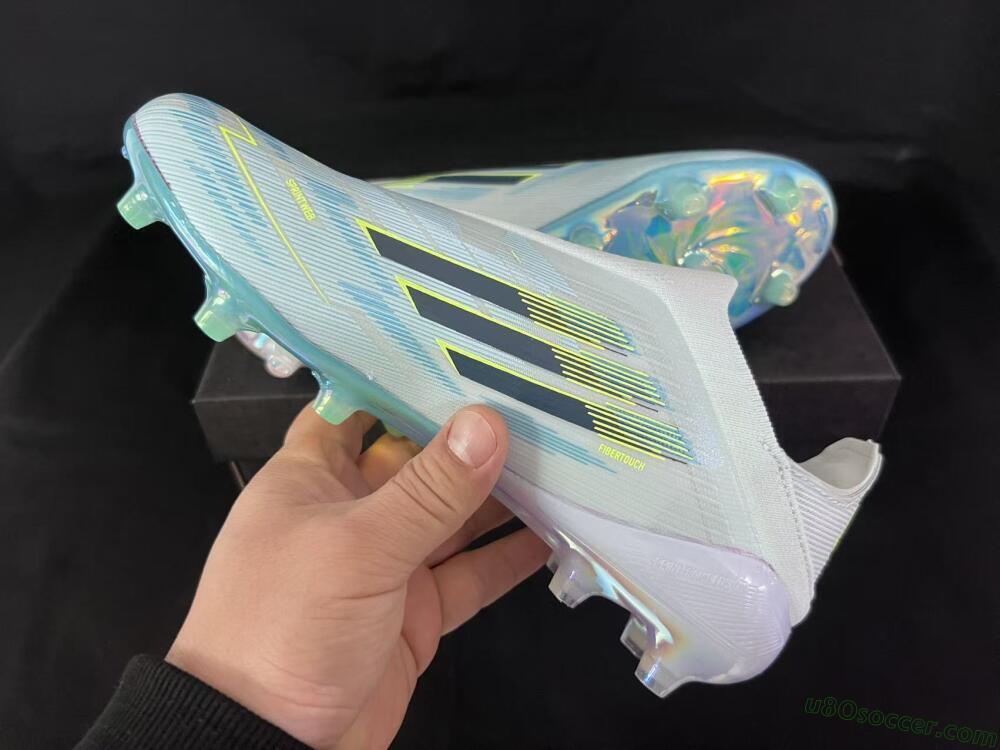 Adidas F50 Elite Laceless FG Firm Ground Soccer Cleats - White/Neon Yellow/Iridescent Blue