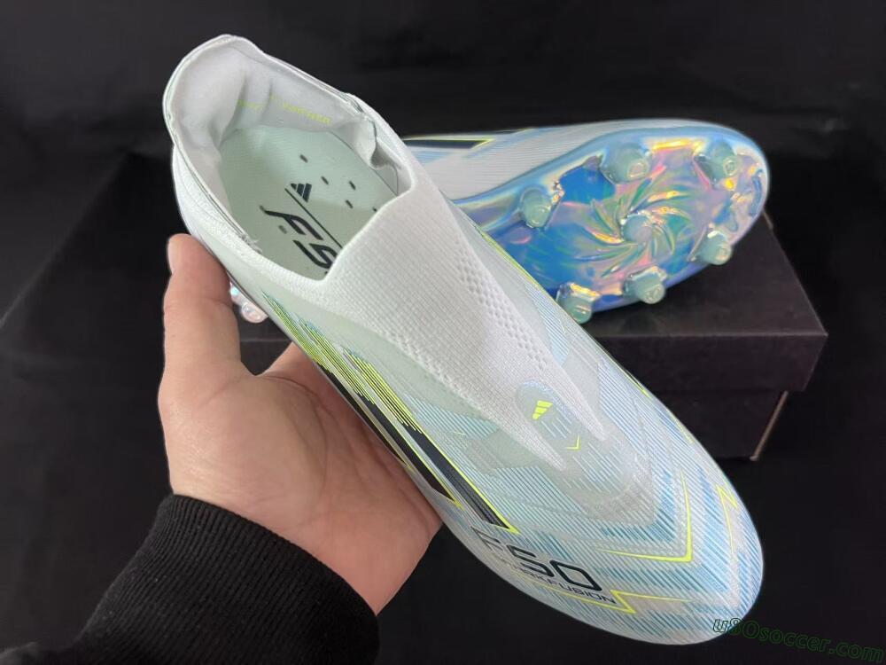 Adidas F50 Elite Laceless FG Firm Ground Soccer Cleats - White/Neon Yellow/Iridescent Blue
