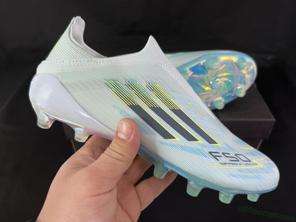 Adidas F50 Elite Laceless FG Firm Ground Soccer Cleats - White/Neon Yellow/Iridescent Blue