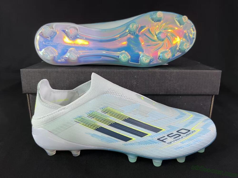 Adidas F50 Elite Laceless FG Firm Ground Soccer Cleats - White/Neon Yellow/Iridescent Blue