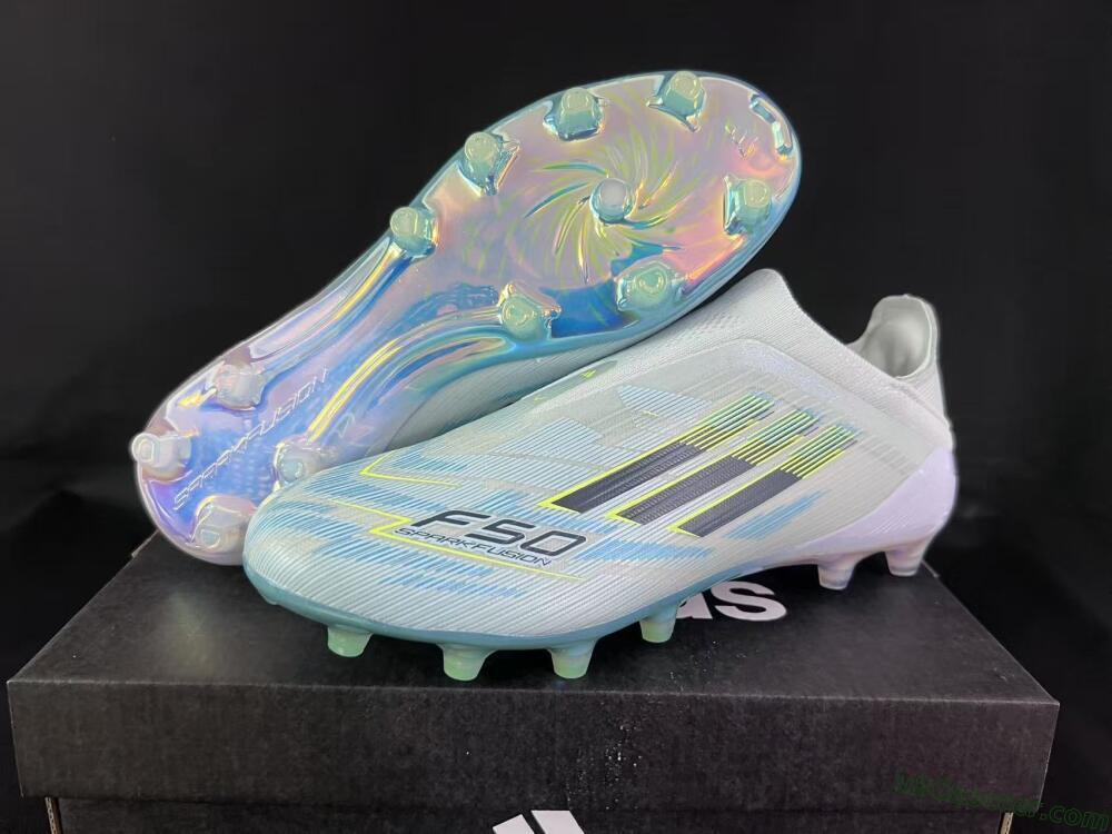 Adidas F50 Elite Laceless FG Firm Ground Soccer Cleats - White/Neon Yellow/Iridescent Blue