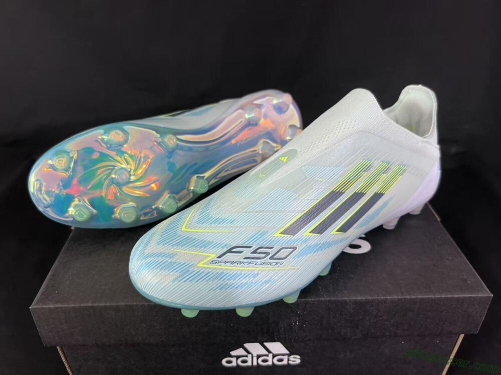 Adidas F50 Elite Laceless FG Firm Ground Soccer Cleats - White/Neon Yellow/Iridescent Blue