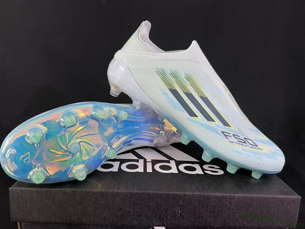 Adidas F50 Elite Laceless FG Firm Ground Soccer Cleats - White/Neon Yellow/Iridescent Blue