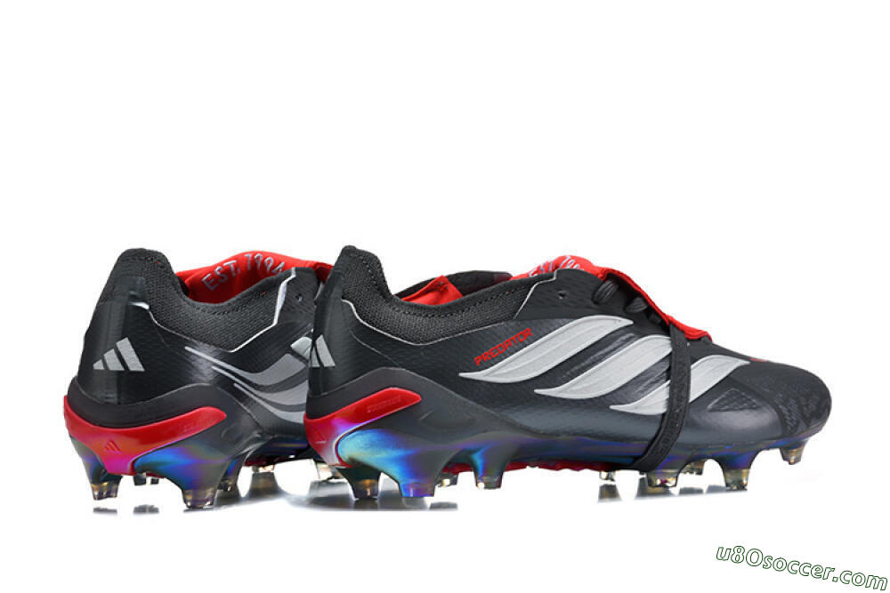 Adidas Predator 26 Elite Fold-Over Tongue FG Firm Ground Soccer Cleats - Black/Crimson Red/Metallic Silver 9