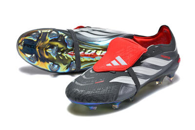 Adidas Predator 26 Elite Fold-Over Tongue FG Firm Ground Soccer Cleats - Black/Crimson Red/Metallic Silver