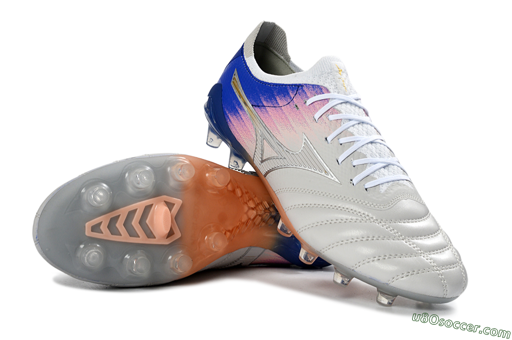 Mizuno Morelia Neo 4 FG Firm Ground Soccer Cleats - Silver/Blue Wave/Pink Gradient 0