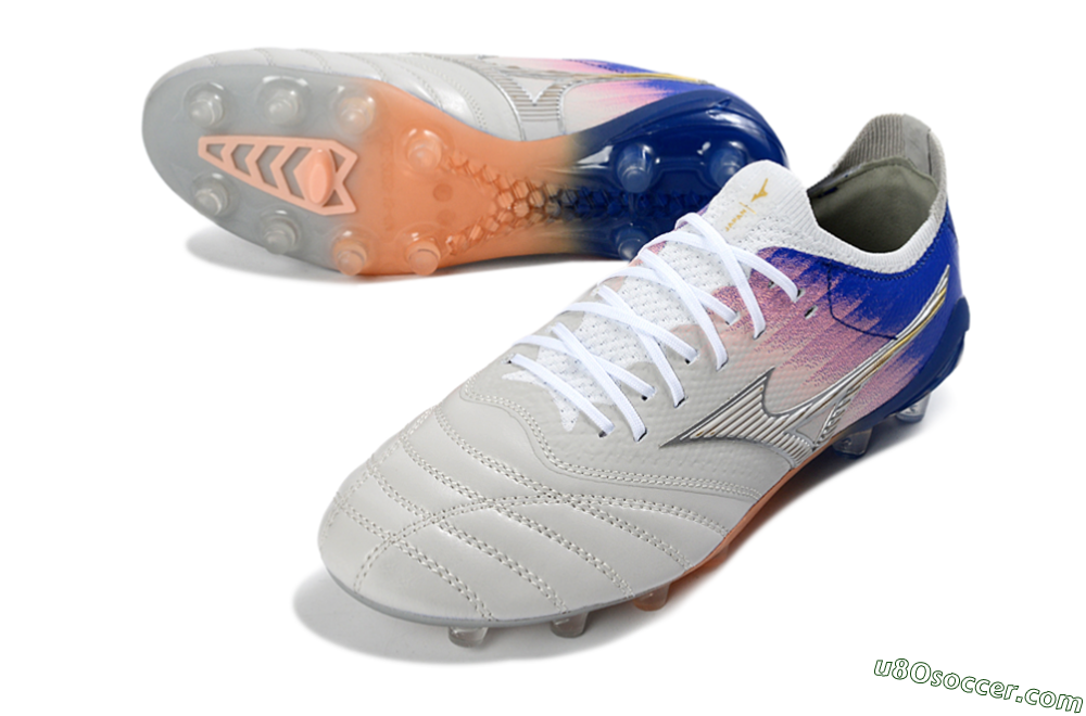 Mizuno Morelia Neo 4 FG Firm Ground Soccer Cleats - Silver/Blue Wave/Pink Gradient 3