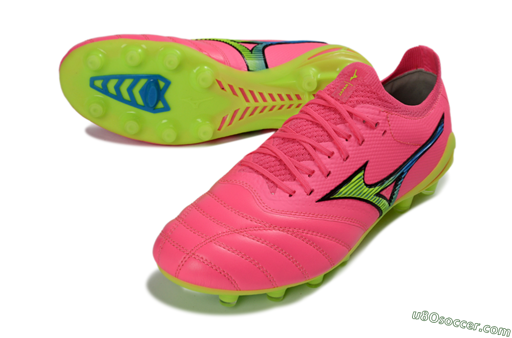 Mizuno Morelia Neo 4 FG Firm Ground Soccer Cleats - Pink/Neon Green/Blue Accent 3