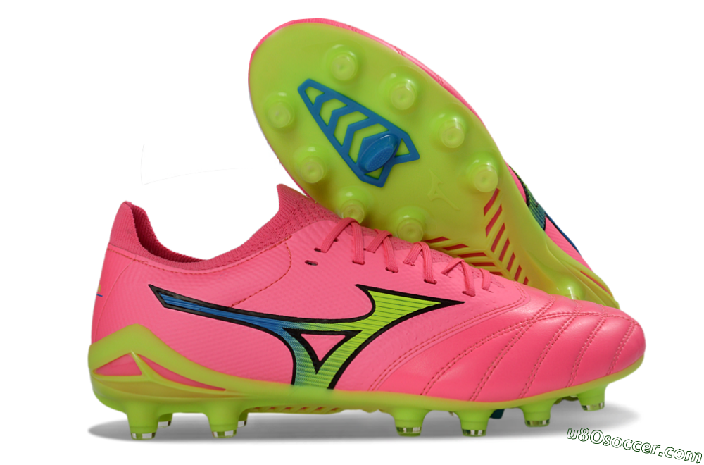 Mizuno Morelia Neo 4 FG Firm Ground Soccer Cleats - Pink/Neon Green/Blue Accent 1