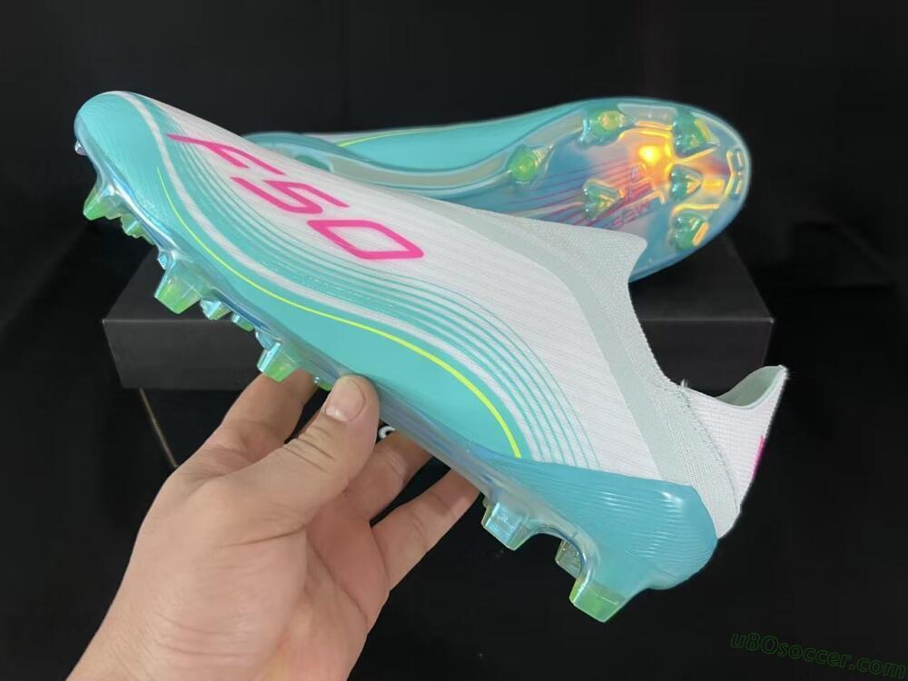 Messi x Adidas F50 Elite Laceless FG Firm Ground Soccer Cleats - Aqua/Bright Pink/Lime Green