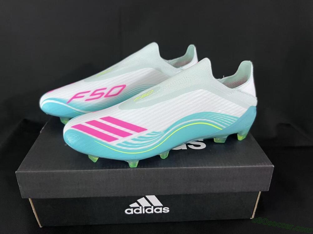 Messi x Adidas F50 Elite Laceless FG Firm Ground Soccer Cleats - Aqua/Bright Pink/Lime Green