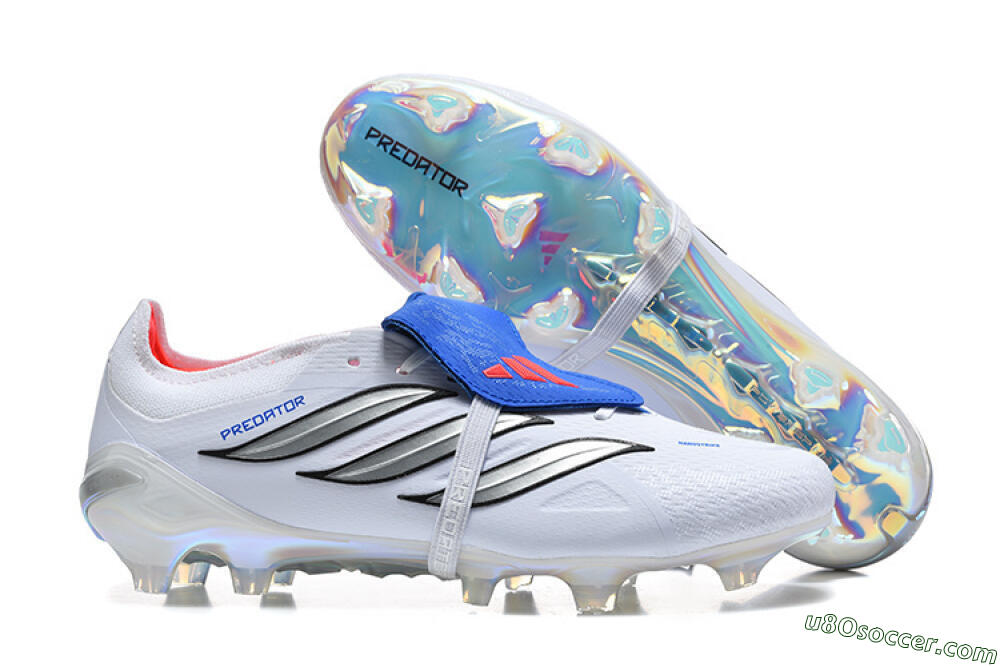 Adidas Predator 26 Elite Fold-Over Tongue FG Firm Ground Soccer Cleats - White/Electric Blue/Silver 1