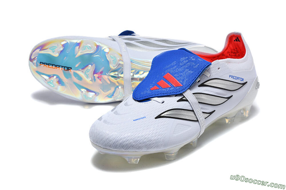 Adidas Predator 26 Elite Fold-Over Tongue FG Firm Ground Soccer Cleats - White/Electric Blue/Silver 3
