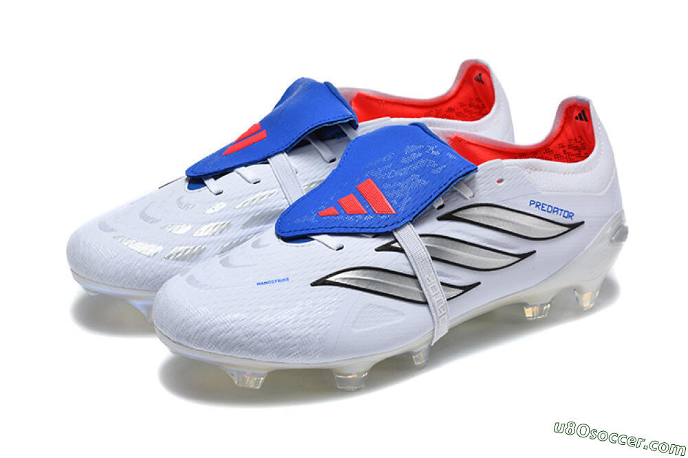 Adidas Predator 26 Elite Fold-Over Tongue FG Firm Ground Soccer Cleats - White/Electric Blue/Silver 5