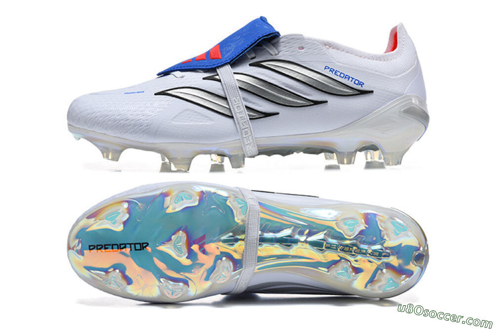 Adidas Predator 26 Elite Fold-Over Tongue FG Firm Ground Soccer Cleats - White/Electric Blue/Silver 0