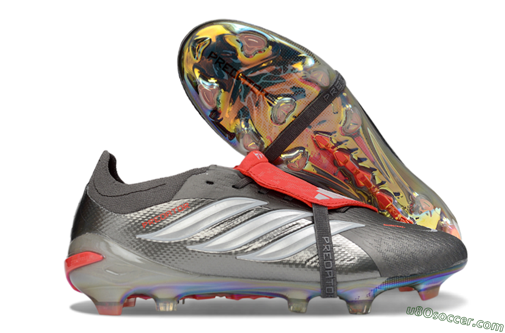 Adidas Predator 26 Elite Fold-Over Tongue FG Firm Ground Soccer Cleats - Gray/Dynamic Red/Metallic Silver 1