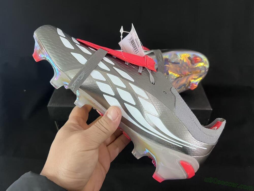 Adidas Predator 26 Elite Fold-Over Tongue FG Firm Ground Soccer Cleats - Gray/Dynamic Red/Metallic Silver