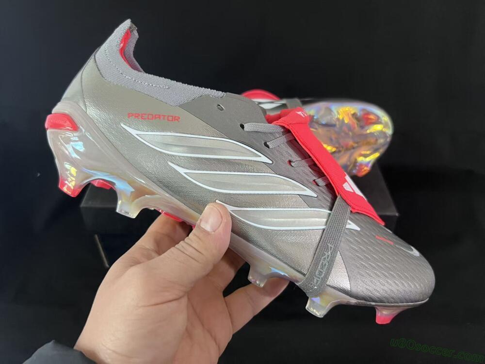 Adidas Predator 26 Elite Fold-Over Tongue FG Firm Ground Soccer Cleats - Gray/Dynamic Red/Metallic Silver