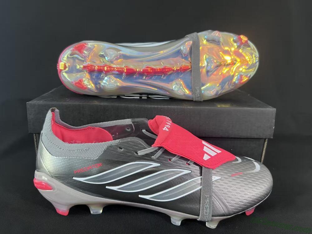 Adidas Predator 26 Elite Fold-Over Tongue FG Firm Ground Soccer Cleats - Gray/Dynamic Red/Metallic Silver