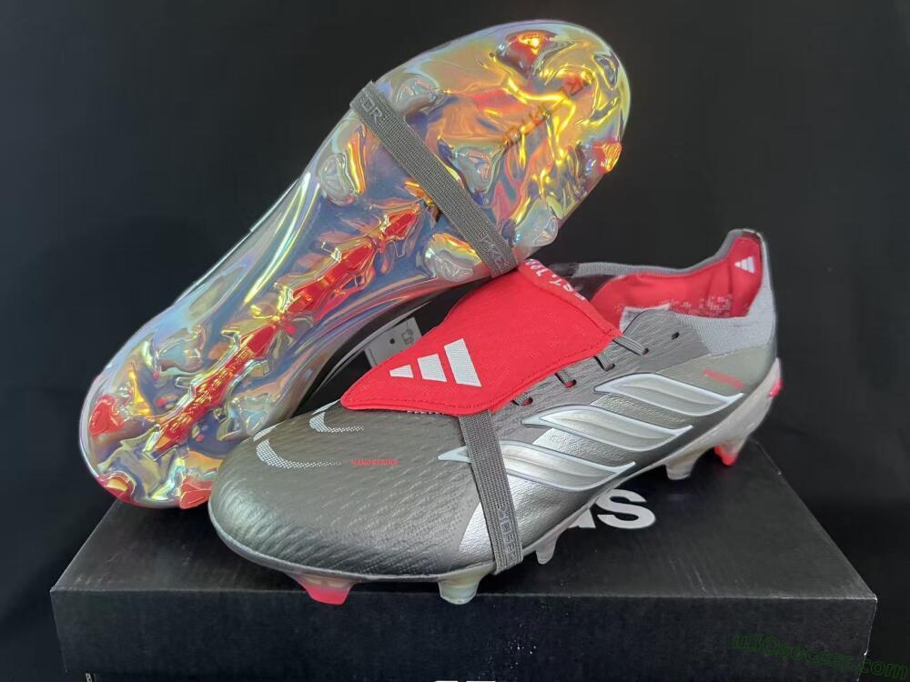Adidas Predator 26 Elite Fold-Over Tongue FG Firm Ground Soccer Cleats - Gray/Dynamic Red/Metallic Silver