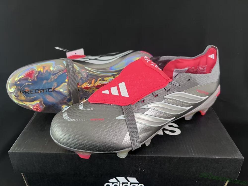 Adidas Predator 26 Elite Fold-Over Tongue FG Firm Ground Soccer Cleats - Gray/Dynamic Red/Metallic Silver