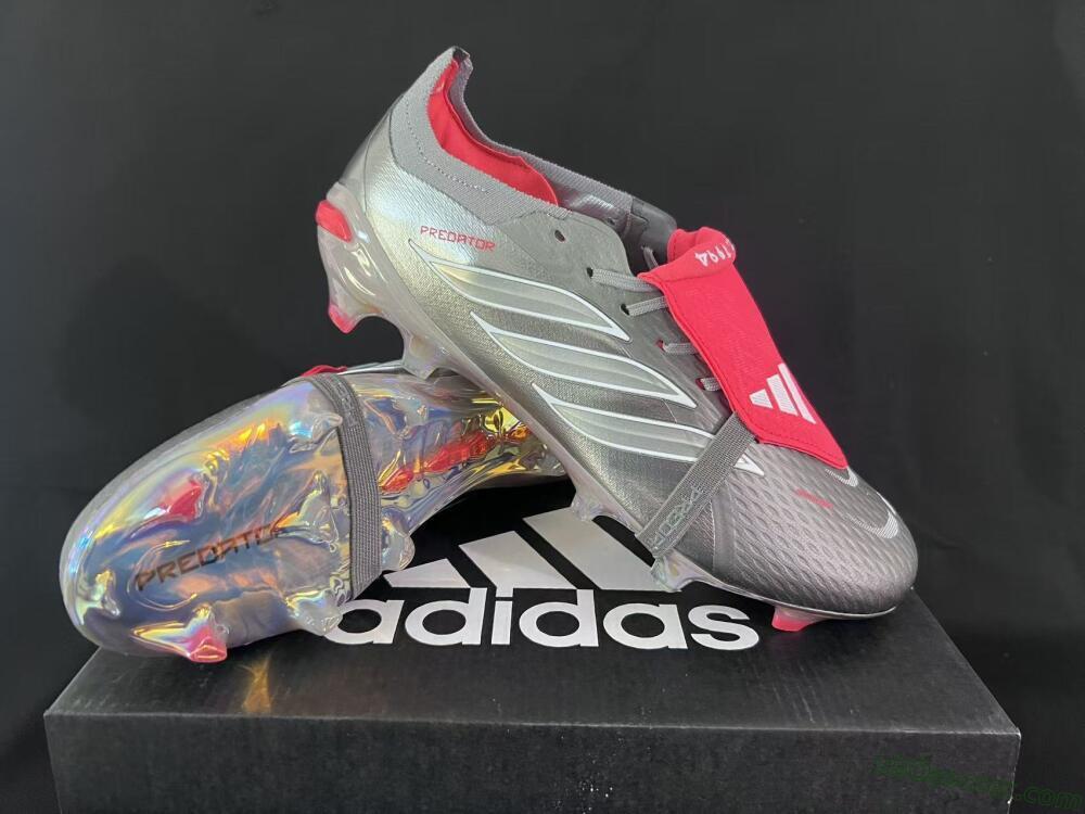 Adidas Predator 26 Elite Fold-Over Tongue FG Firm Ground Soccer Cleats - Gray/Dynamic Red/Metallic Silver