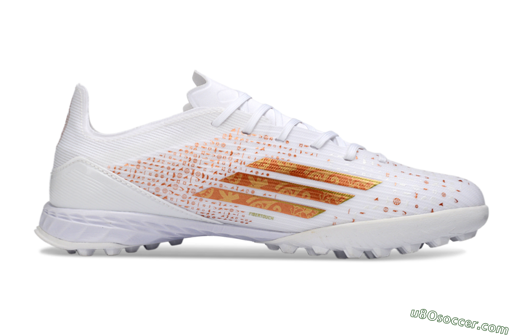 Adidas F50 Pro TF Artificial Turf Soccer Shoes - White/Metallic Gold/Blazing Orange 7
