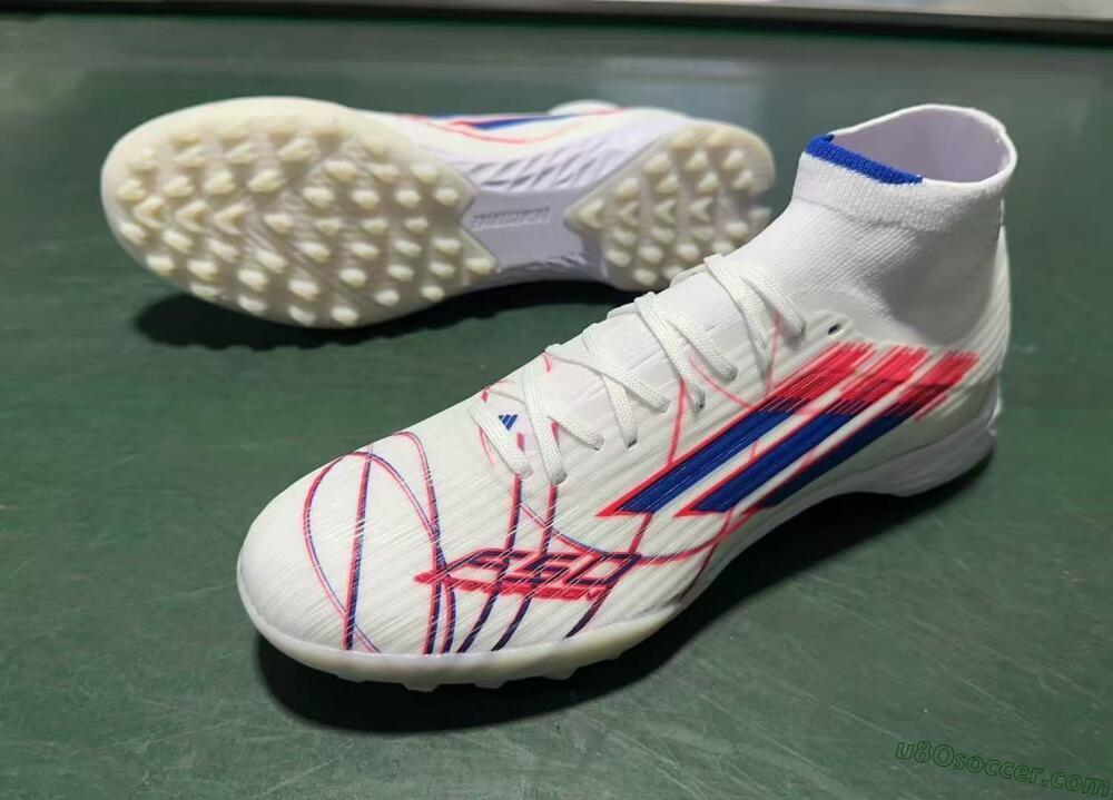 Adidas F50 Elite Mid TF Artificial Turf Soccer Shoes - White/Electric Pink/Nebula Blue