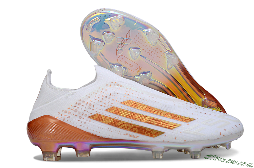 Adidas F50 Elite Laceless FG Firm Ground Soccer Cleats - White/Copper Blaze/Infinity Shine 1