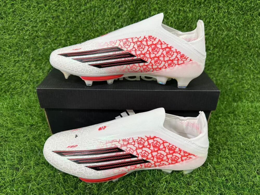 Adidas F50+ Elite Lightstrike Pro Laceless FG Firm Ground Soccer Cleats - White/Scarlet Glow/Black Burst