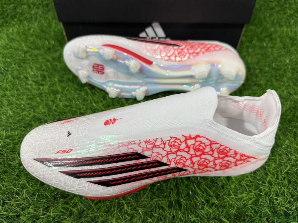 Adidas F50+ Elite Lightstrike Pro Laceless FG Firm Ground Soccer Cleats - White/Scarlet Glow/Black Burst