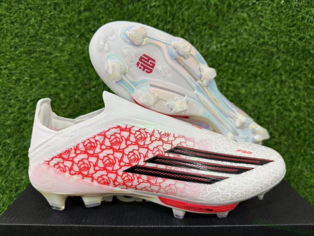 Adidas F50+ Elite Lightstrike Pro Laceless FG Firm Ground Soccer Cleats - White/Scarlet Glow/Black Burst