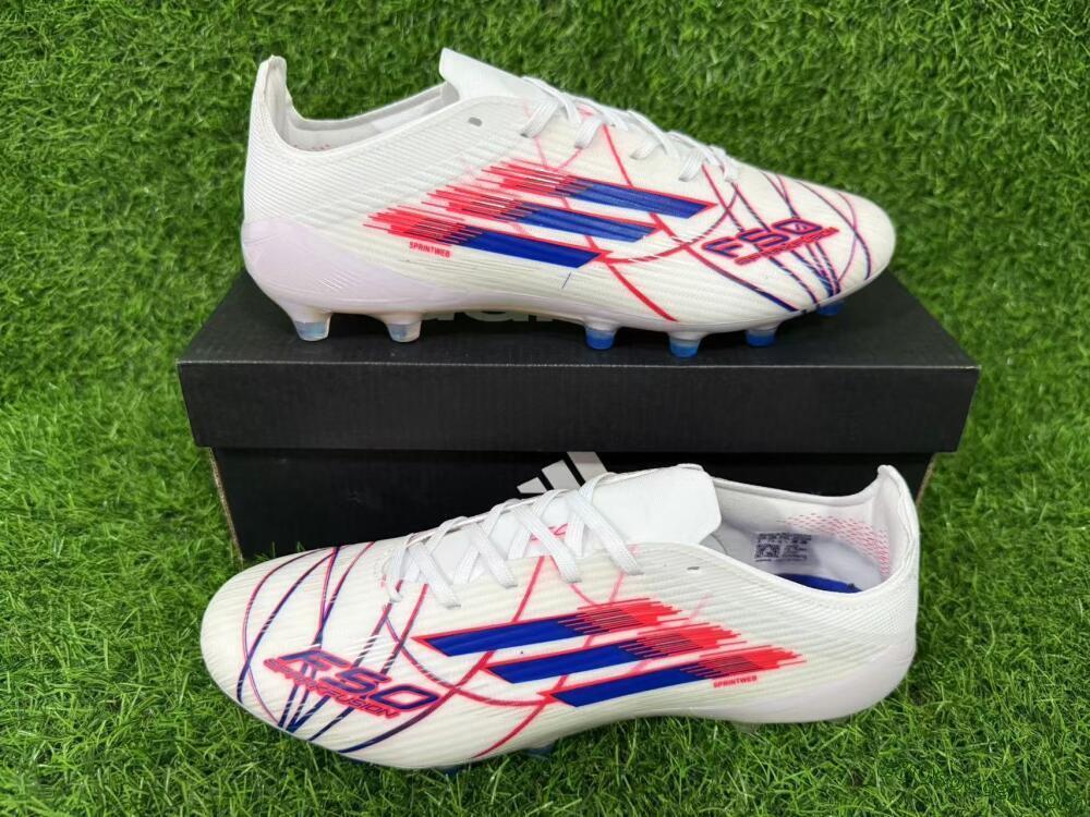 Adidas F50 Elite Laceless AG Artificial Grass Soccer Cleats - White/Crimson Red/Marine Blue