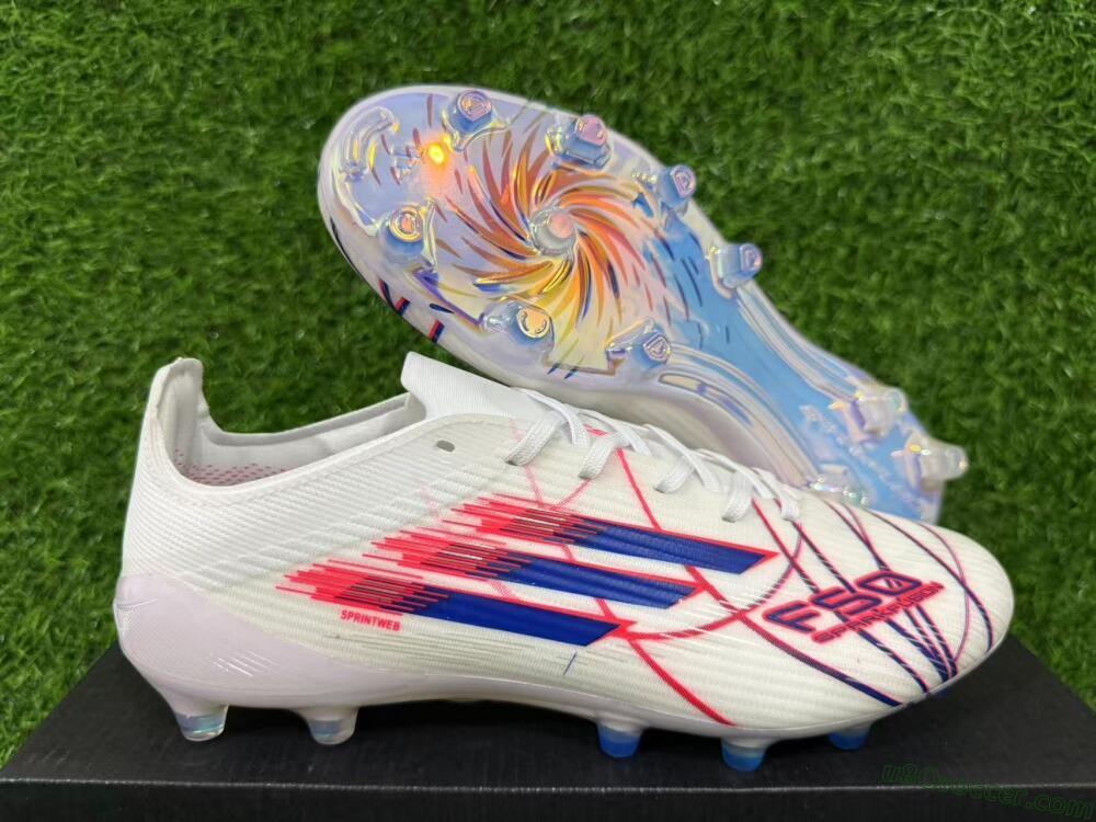 Adidas F50 Elite Laceless AG Artificial Grass Soccer Cleats - White/Crimson Red/Marine Blue