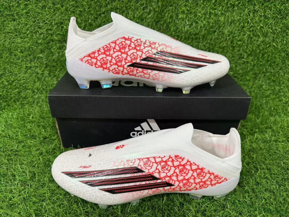 Adidas F50 Elite Laceless FG Firm Ground Soccer Cleats - White/Crimson Rose/Iridescent