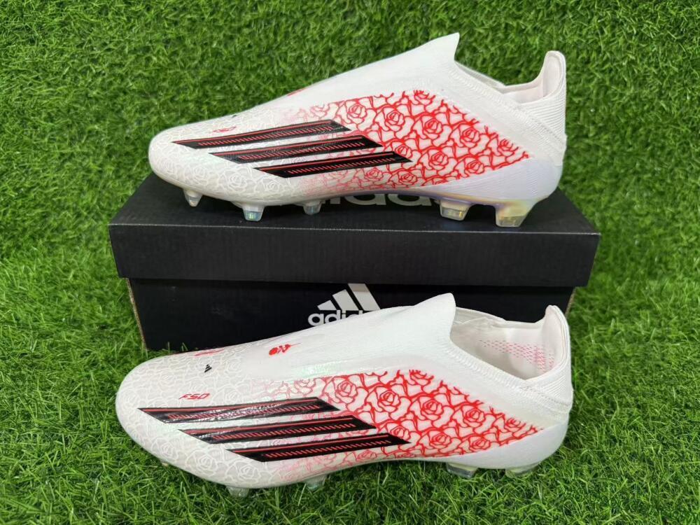 Adidas F50 Elite Laceless FG Firm Ground Soccer Cleats - White/Crimson Rose/Iridescent
