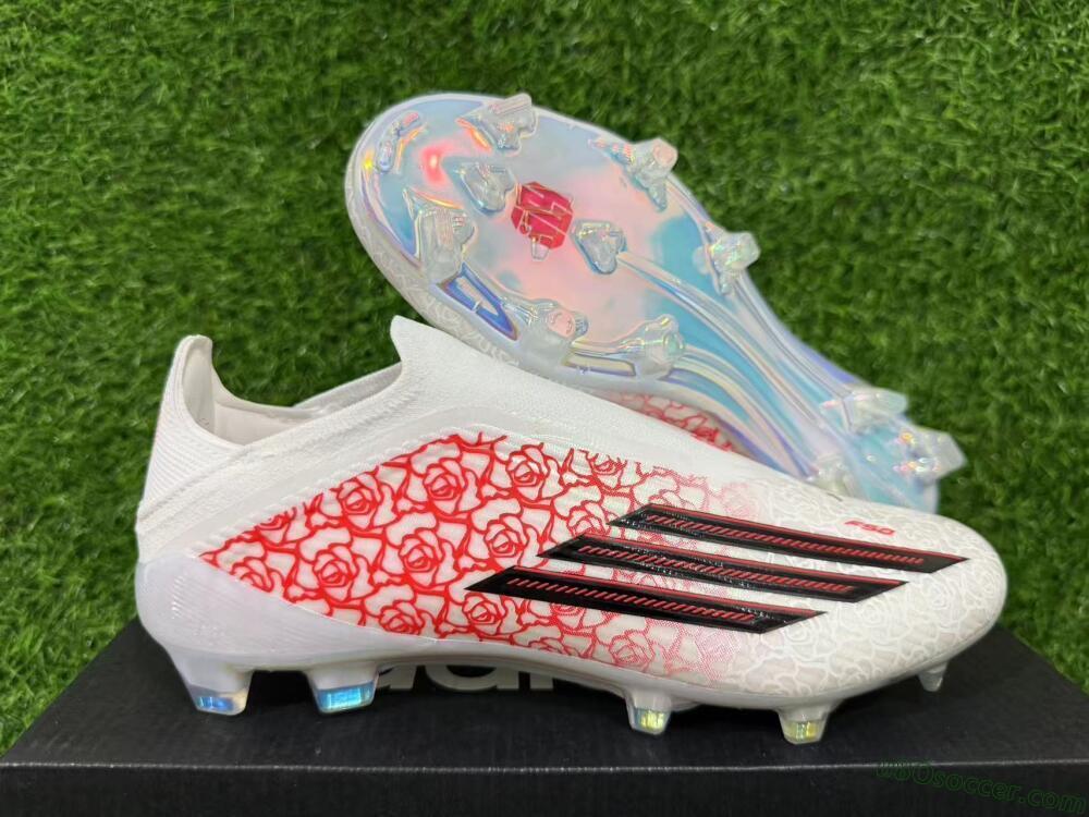 Adidas F50 Elite Laceless FG Firm Ground Soccer Cleats - White/Crimson Rose/Iridescent