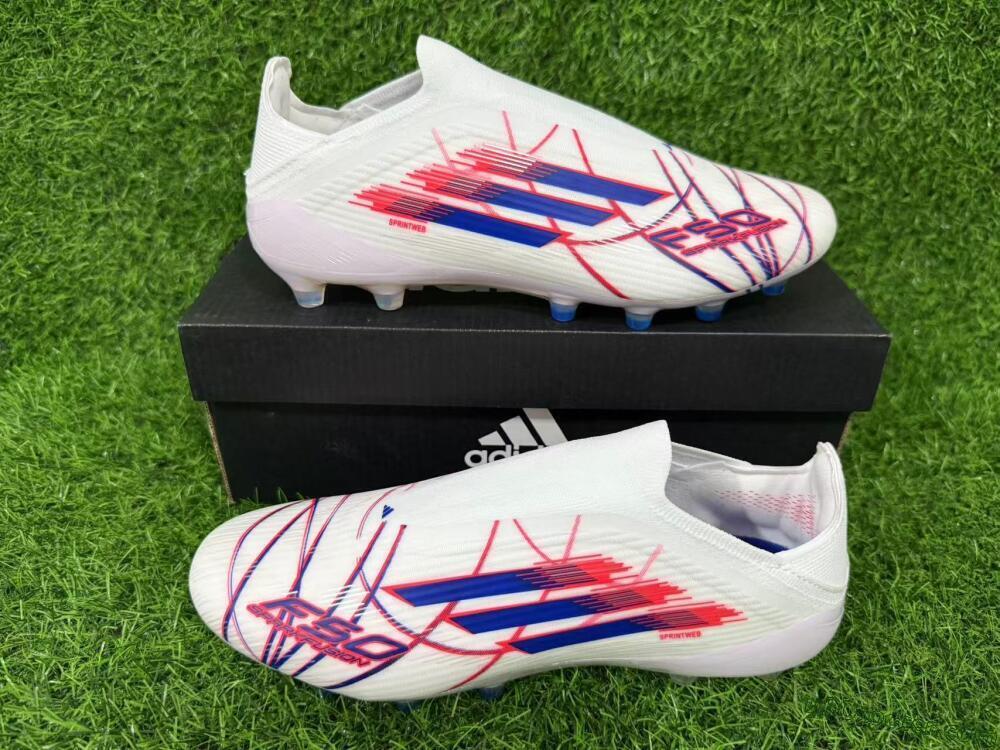 Adidas F50 Elite Laceless AG Artificial Grass Soccer Cleats - White/Electric Red/Icy Blue