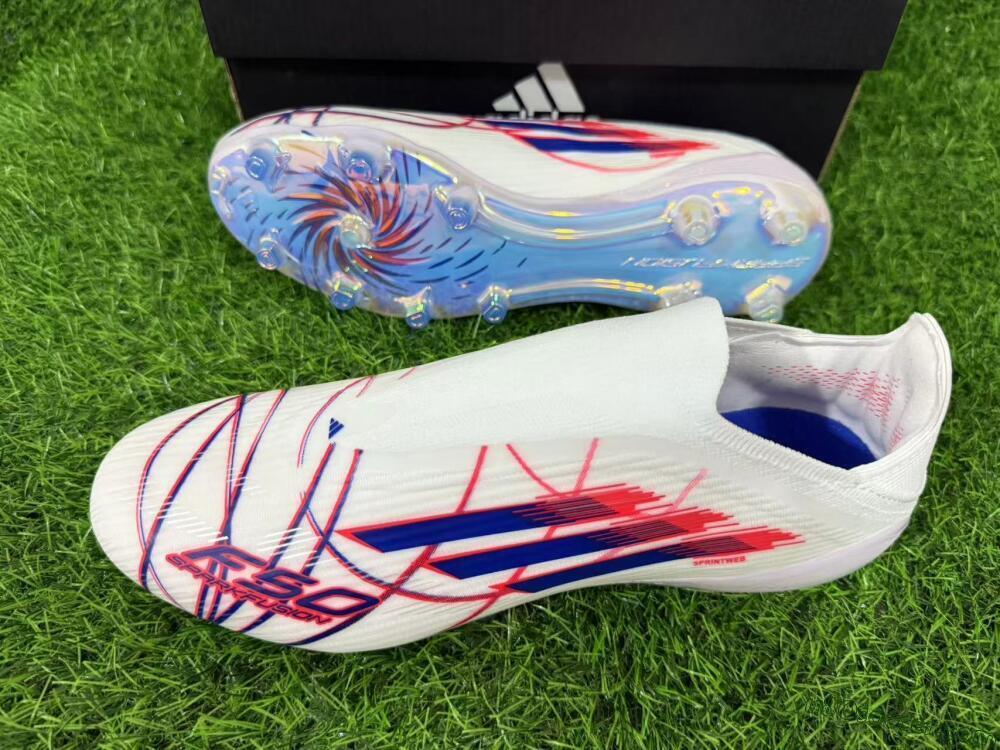 Adidas F50 Elite Laceless AG Artificial Grass Soccer Cleats - White/Electric Red/Icy Blue