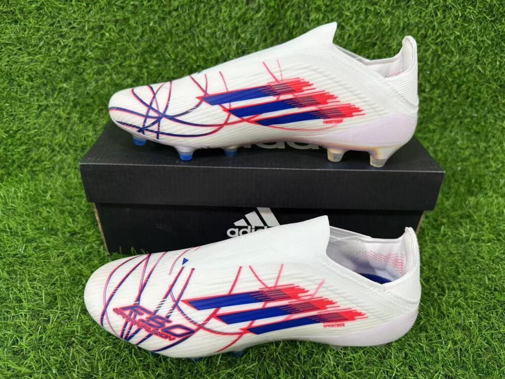 Adidas F50 Elite Laceless AG Artificial Grass Soccer Cleats - White/Electric Red/Icy Blue